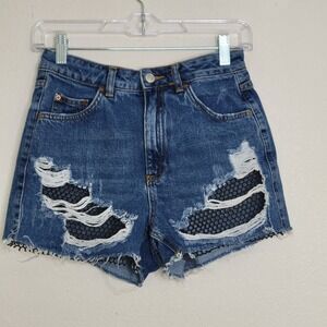 3 / $30 Topshop Moto Mom Denim Shorts Distressed Ripped Black Mesh Blue Size‎ 8